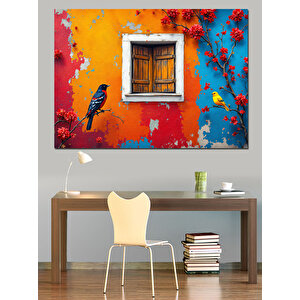 Turuncu Duvar Penceresi Kuş Dekoratif Kanvas - Mdf Ahşap Tablo 25x35 cm