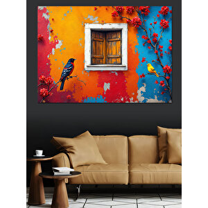 Turuncu Duvar Penceresi Kuş Dekoratif Kanvas - Mdf Ahşap Tablo
