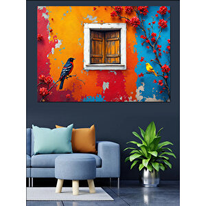 Turuncu Duvar Penceresi Kuş Dekoratif Kanvas - Mdf Ahşap Tablo