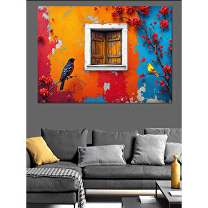 Turuncu Duvar Penceresi Kuş Dekoratif Kanvas - Mdf Ahşap Tablo 35x50 cm