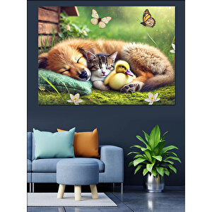 Sevimli Uyuyan Hayvanlar Dekoratif Kanvas - Mdf Ahşap Tablo 100x140 cm