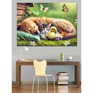 Sevimli Uyuyan Hayvanlar Dekoratif Kanvas - Mdf Ahşap Tablo 100x140 cm