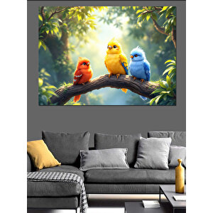 Renkli Papağan Kuşları Dalda Dekoratif Kanvas - Mdf Ahşap Tablo 70x100 cm