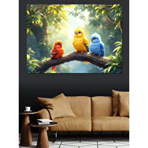 Renkli Papağan Kuşları Dalda Dekoratif Kanvas - Mdf Ahşap Tablo 70x100 cm