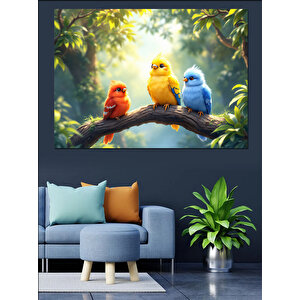 Renkli Papağan Kuşları Dalda Dekoratif Kanvas - Mdf Ahşap Tablo 70x100 cm