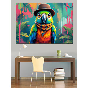 Şapkalı Sevimli Papağan Dekoratif Kanvas - Mdf Ahşap Tablo 70x100 cm