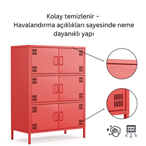 Pera Metal Çok Gözlü Dolap, 6 Kapaklı 80,50 X 40 X 109,50 Cm - Ral 3020 Kırmızı