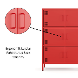 Pera Metal Çok Gözlü Dolap, 6 Kapaklı 80,50 X 40 X 109,50 Cm - Ral 3020 Kırmızı