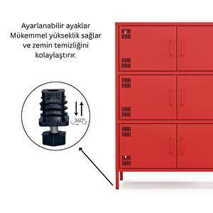 Pera Metal Çok Gözlü Dolap, 6 Kapaklı 80,50 X 40 X 109,50 Cm - Ral 3020 Kırmızı
