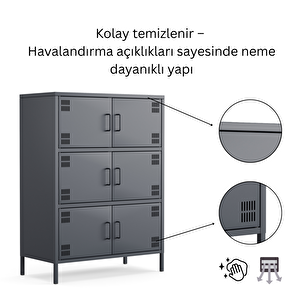 Pera Metal Çok Gözlü Dolap, 6 Kapaklı 80,50 X 40 X 109,50 Cm - Ral 7016 Antrasit