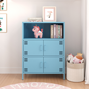 Pera Metal Çok Gözlü Dolap, 4 Kapaklı, Açık Raflı 80,50 X 40 X 109,50 Cm - Ral 5024 Mavi Ral 5024