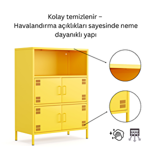 Pera Metal Çok Gözlü Dolap, 4 Kapaklı, Açık Raflı 80,50 X 40 X 109,50 Cm - Ral 1018 Sarı