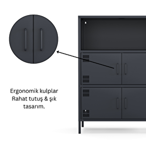 Pera Metal Çok Gözlü Dolap, 4 Kapaklı, Açık Raflı 80,50 X 40 X 109,50 Cm - Ral 7016 Antrasit