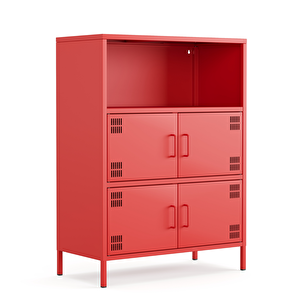 Pera Metal Çok Gözlü Dolap, 4 Kapaklı, Açık Raflı 80,50 X 40 X 109,50 Cm - Ral 3020 Kırmızı Ral 3020