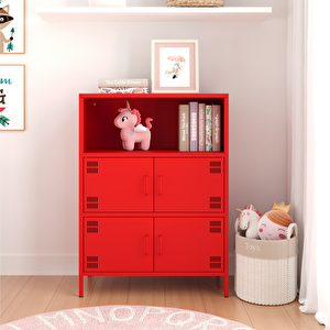 Pera Metal Çok Gözlü Dolap, 4 Kapaklı, Açık Raflı 80,50 X 40 X 109,50 Cm - Ral 3020 Kırmızı Ral 3020