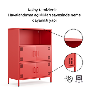 Pera Metal Çok Gözlü Dolap, 4 Kapaklı, Açık Raflı 80,50 X 40 X 109,50 Cm - Ral 3020 Kırmızı