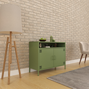 Pera Tv Ünitesi, Tv Dolabı,2 Kapaklı, Açık Raflı 100,50 X 40 X 79,50 Cm - Ral 6011 Yeşil Yeşil