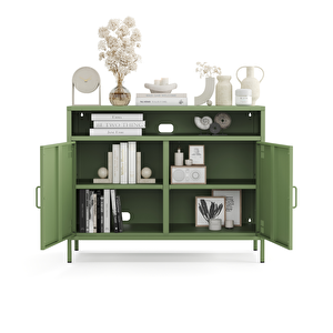 Pera Tv Ünitesi, Tv Dolabı,2 Kapaklı, Açık Raflı 100,50 X 40 X 79,50 Cm - Ral 6011 Yeşil