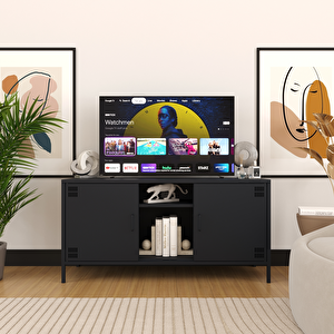 Pera Tv Ünitesi, Tv Dolabı,2 Kapaklı, Açık Raflı 130,50 X 40 X 64,50 Cm -  Ral 7016  Antrasit Antrasit