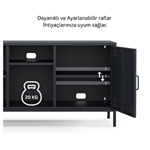 Pera Tv Ünitesi, Tv Dolabı,2 Kapaklı, Açık Raflı 130,50 X 40 X 64,50 Cm -  Ral 7016  Antrasit