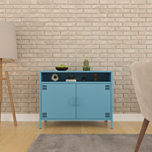 Pera Tv Ünitesi, Tv Dolabı,2 Kapaklı, Açık Raflı 100,50 X 40 X 79,50 Cm - Ral 5024 Mavi Mavi