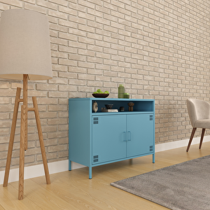 Pera Tv Ünitesi, Tv Dolabı,2 Kapaklı, Açık Raflı 100,50 X 40 X 79,50 Cm - Ral 5024 Mavi Mavi