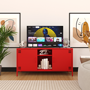 Pera Tv Ünitesi, Tv Dolabı,2 Kapaklı, Açık Raflı 130,50 X 40 X 64,50 Cm - Ral 3020 Kırmızı Ral 3020