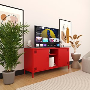 Pera Tv Ünitesi, Tv Dolabı,2 Kapaklı, Açık Raflı 130,50 X 40 X 64,50 Cm - Ral 3020 Kırmızı Ral 3020
