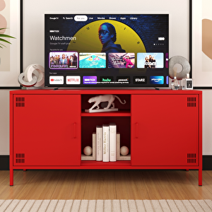 Pera Tv Ünitesi, Tv Dolabı,2 Kapaklı, Açık Raflı 130,50 X 40 X 64,50 Cm - Ral 3020 Kırmızı Ral 3020