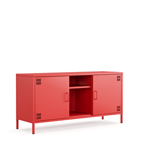 Pera Tv Ünitesi, Tv Dolabı,2 Kapaklı, Açık Raflı 130,50 X 40 X 64,50 Cm - Ral 3020 Kırmızı