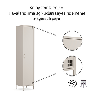 Pera Metal Elbise Dolabı, Soyunma Dolabı, Tek Kapılı, 41,50 X 40 X 189,50 Cm - Bej Rengi