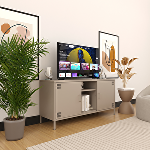 Pera Tv Ünitesi, Tv Dolabı,2 Kapaklı, Açık Raflı 130,50 X 40 X 64,50 Cm - Bej Rengi Kum Beji