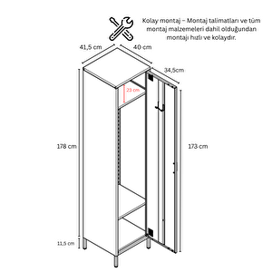 Pera Metal Elbise Dolabı, Soyunma Dolabı, Tek Kapılı, 41,50 X 40 X 189,50 Cm - Ral 7016 Antrasit 7016 Antrasit