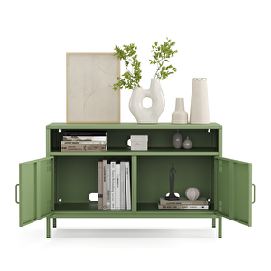Pera Tv Ünitesi, Tv Dolabı,2 Kapaklı, Açık Raflı 100,50 X 40 X 64,50 Cm - Ral 6011 Yeşil