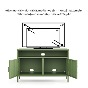 Pera Tv Ünitesi, Tv Dolabı,2 Kapaklı, Açık Raflı 100,50 X 40 X 64,50 Cm - Ral 6011 Yeşil