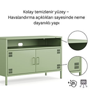 Pera Tv Ünitesi, Tv Dolabı,2 Kapaklı, Açık Raflı 100,50 X 40 X 64,50 Cm - Ral 6011 Yeşil