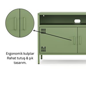 Pera Tv Ünitesi, Tv Dolabı,2 Kapaklı, Açık Raflı 100,50 X 40 X 64,50 Cm - Ral 6011 Yeşil