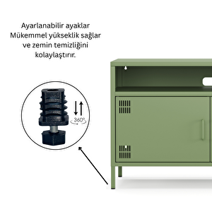 Pera Tv Ünitesi, Tv Dolabı,2 Kapaklı, Açık Raflı 100,50 X 40 X 64,50 Cm - Ral 6011 Yeşil