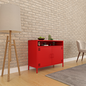 Tv Ünitesi, Tv Dolabı,2 Kapaklı, Açık Raflı 100,50 X 40 X 79,50 Cm - Ral 3020 Kırmızı Kırmızı