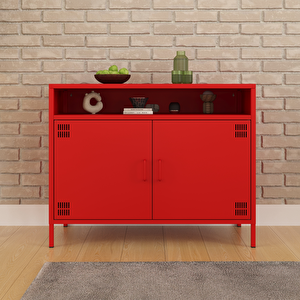 Tv Ünitesi, Tv Dolabı,2 Kapaklı, Açık Raflı 100,50 X 40 X 79,50 Cm - Ral 3020 Kırmızı Kırmızı