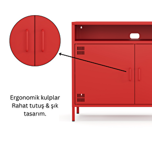 Tv Ünitesi, Tv Dolabı,2 Kapaklı, Açık Raflı 100,50 X 40 X 79,50 Cm - Ral 3020 Kırmızı