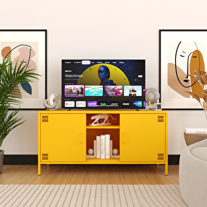 Pera Tv Ünitesi, Tv Dolabı,2 Kapaklı, Açık Raflı 130,50 X 40 X 64,50 Cm - Ral 1018 Sarı Ral 1018