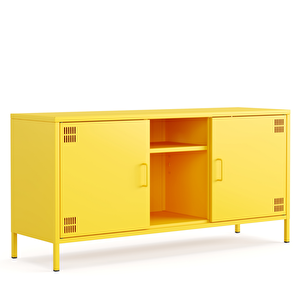Pera Tv Ünitesi, Tv Dolabı,2 Kapaklı, Açık Raflı 130,50 X 40 X 64,50 Cm - Ral 1018 Sarı Ral 1018