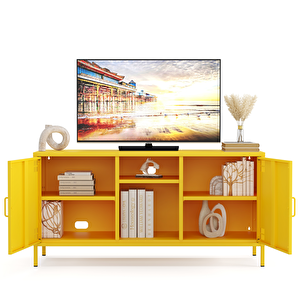 Pera Tv Ünitesi, Tv Dolabı,2 Kapaklı, Açık Raflı 130,50 X 40 X 64,50 Cm - Ral 1018 Sarı Ral 1018