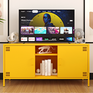 Pera Tv Ünitesi, Tv Dolabı,2 Kapaklı, Açık Raflı 130,50 X 40 X 64,50 Cm - Ral 1018 Sarı Ral 1018