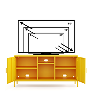 Pera Tv Ünitesi, Tv Dolabı,2 Kapaklı, Açık Raflı 130,50 X 40 X 64,50 Cm - Ral 1018 Sarı