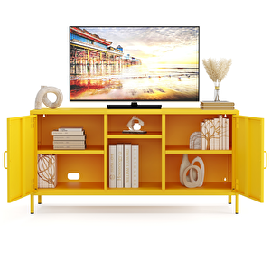 Pera Tv Ünitesi, Tv Dolabı,2 Kapaklı, Açık Raflı 130,50 X 40 X 64,50 Cm - Ral 1018 Sarı