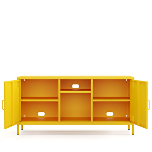 Pera Tv Ünitesi, Tv Dolabı,2 Kapaklı, Açık Raflı 130,50 X 40 X 64,50 Cm - Ral 1018 Sarı