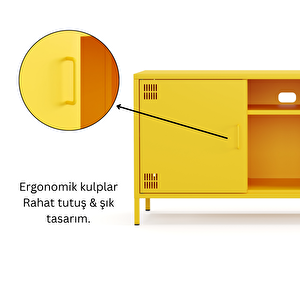 Pera Tv Ünitesi, Tv Dolabı,2 Kapaklı, Açık Raflı 130,50 X 40 X 64,50 Cm - Ral 1018 Sarı