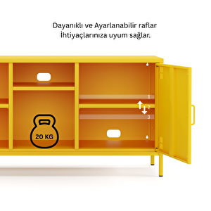 Pera Tv Ünitesi, Tv Dolabı,2 Kapaklı, Açık Raflı 130,50 X 40 X 64,50 Cm - Ral 1018 Sarı